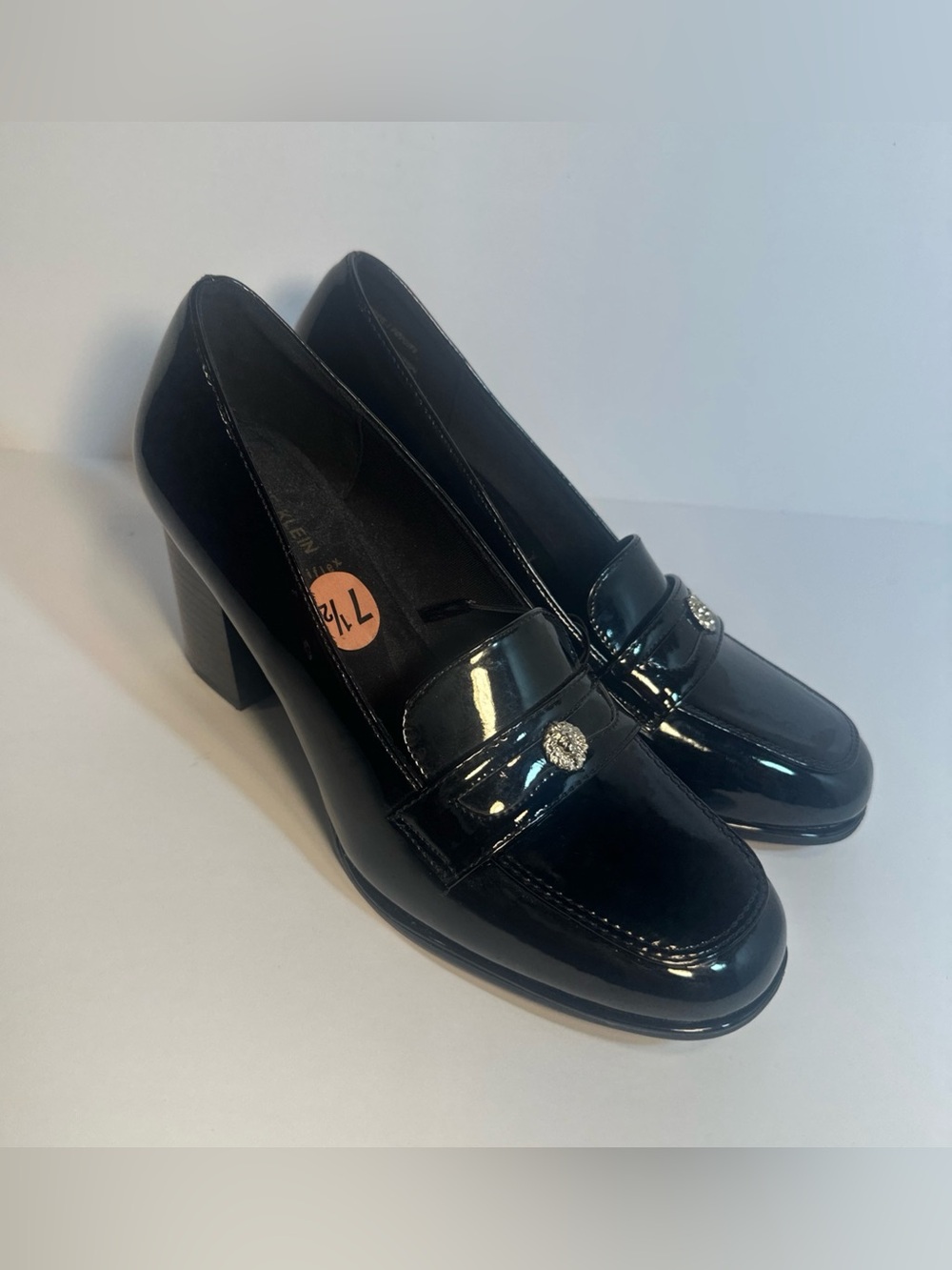 Anne Klein Black Patent Loafers with Rhinestone Accent